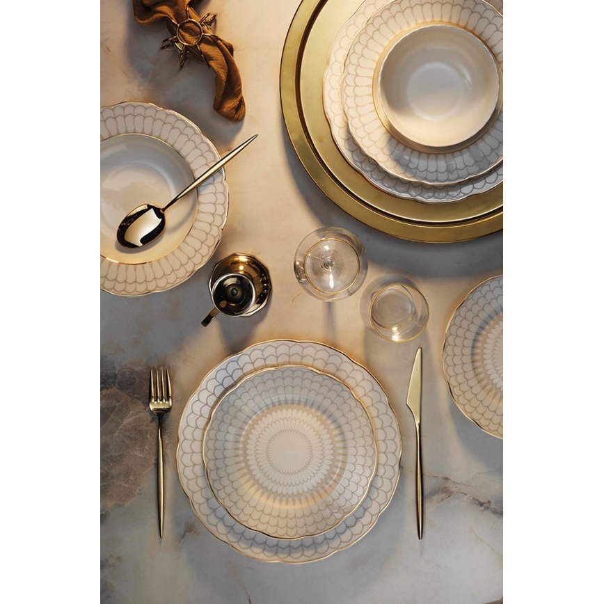 Service de table 24 pièces en porcelaine blanche, finition dorée