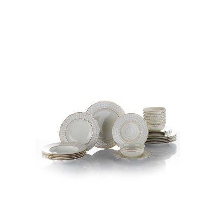 Service de table 24 pièces en porcelaine blanche, finition dorée