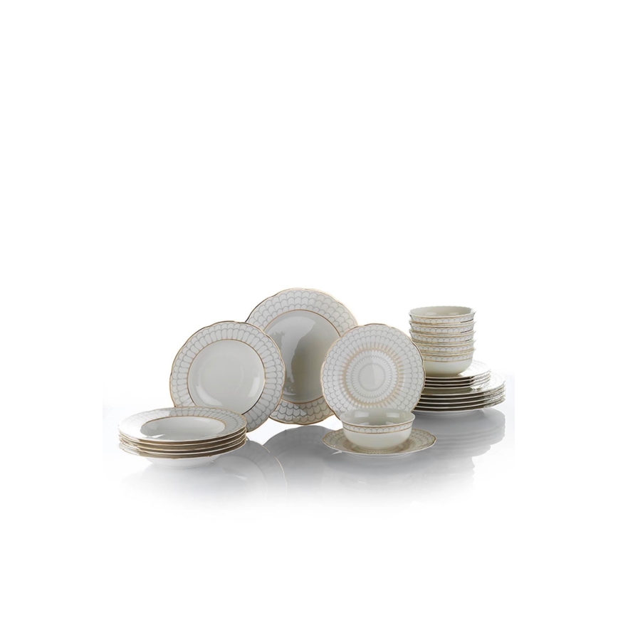 Service de table 24 pièces en porcelaine blanche, finition dorée