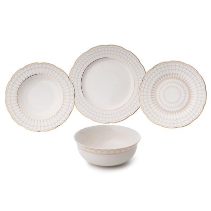 Service de table 24 pièces en porcelaine blanche, finition dorée