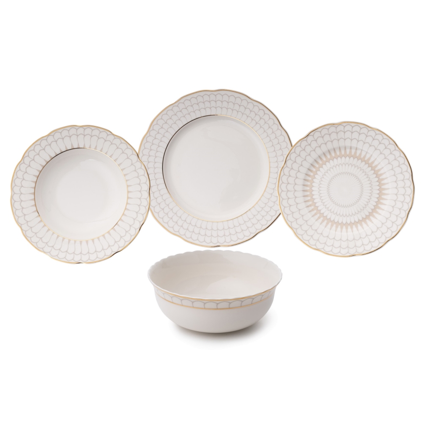 Service de table 24 pièces en porcelaine blanche, finition dorée