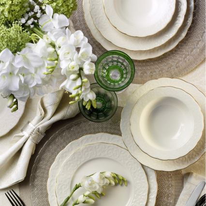 Service de table 24 pièces en porcelaine blanche, finitions dorées