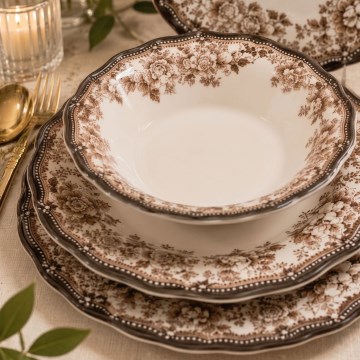 Service de table 24 pièces en porcelaine blanche/marron