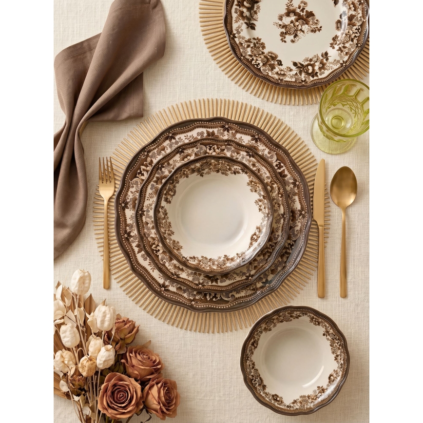 Service de table 24 pièces en porcelaine blanche/marron