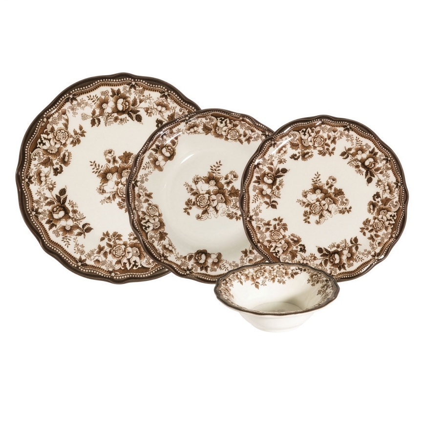 Service de table 24 pièces en porcelaine blanche/marron