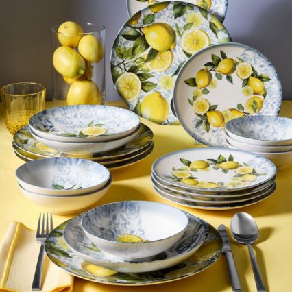 Service de table 24 pièces en porcelaine, bleu/jaune/vert