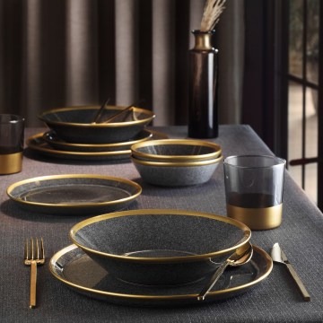 Service de table 24 pièces en porcelaine, finition anthracite et dorée