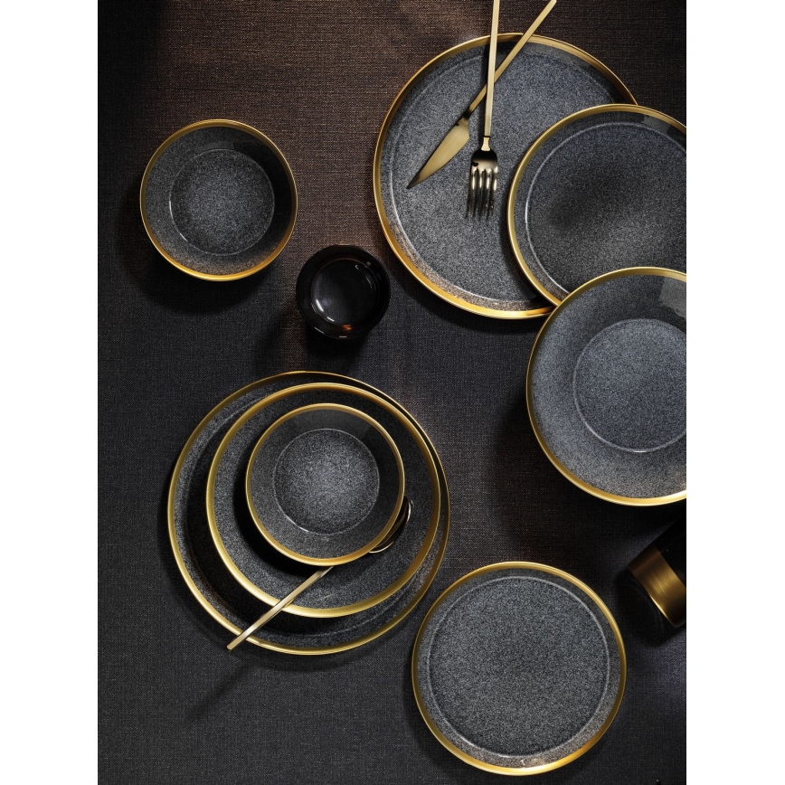 Service de table 24 pièces en porcelaine, finition anthracite et dorée