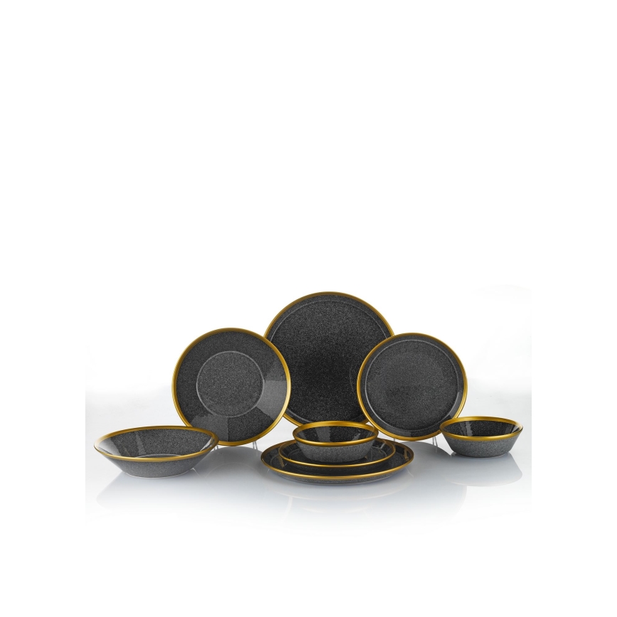 Service de table 24 pièces en porcelaine, finition anthracite et dorée