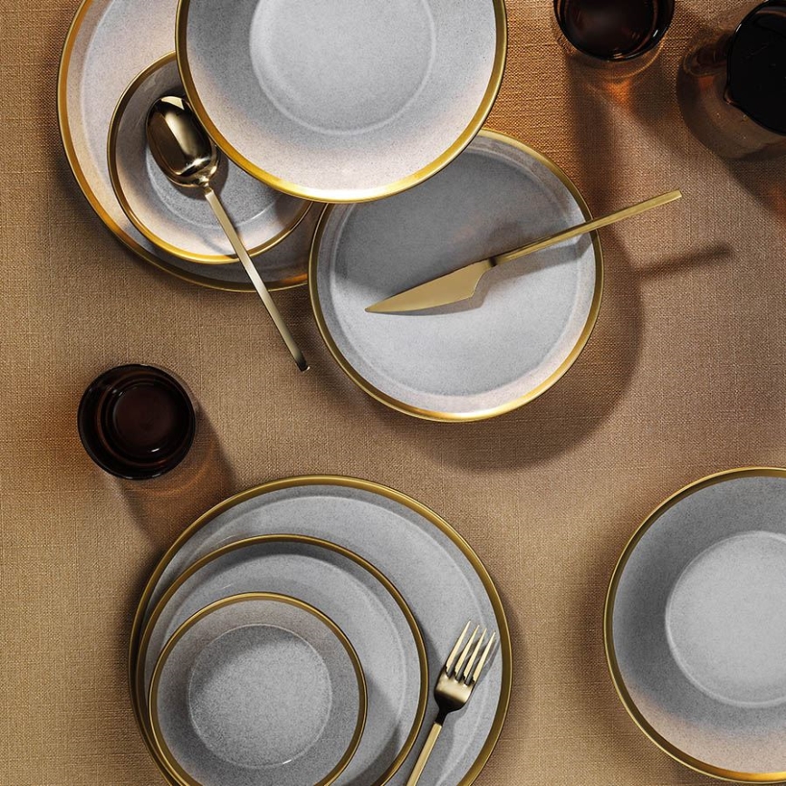 Service de table 24 pièces en porcelaine, gris et doré