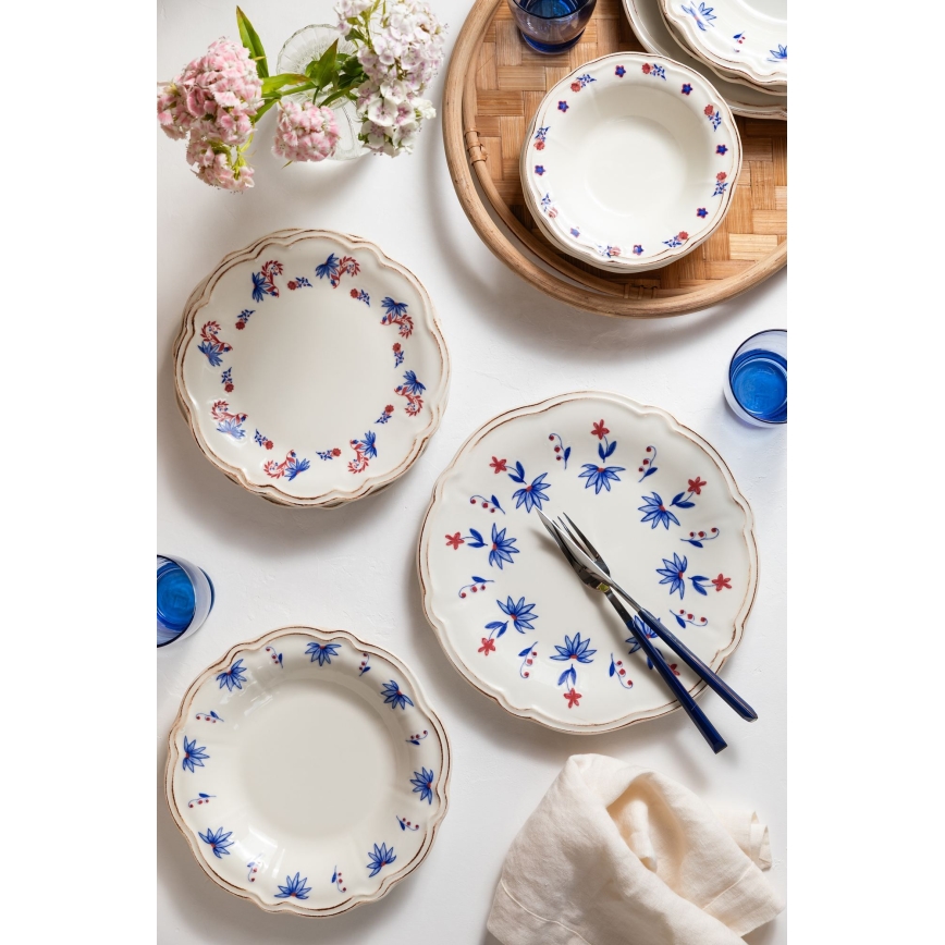 Service de table 24 pièces en porcelaine — blanc, bleu et rouge