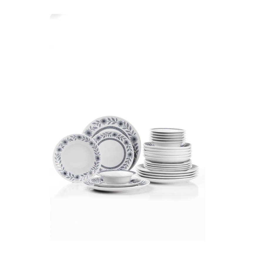 Service de table 24 pièces en porcelaine — blanc/gris