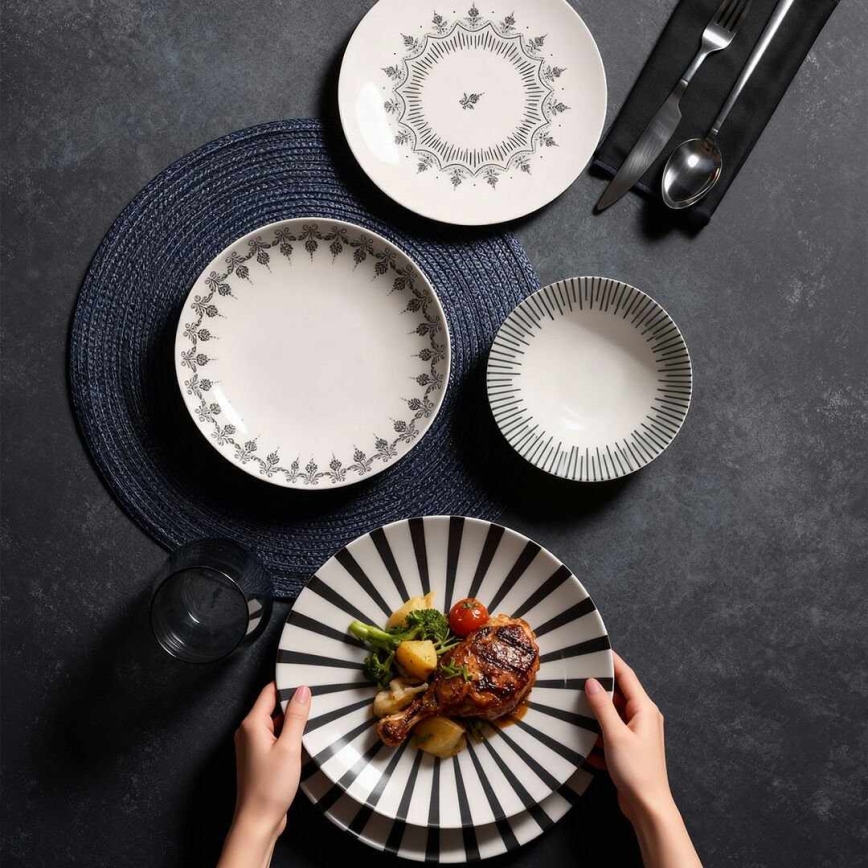 Service de table 24 pièces en porcelaine — blanc/noir