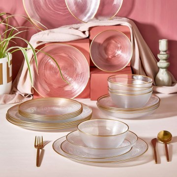 Service de table 24 pièces en verre transparent avec finition dorée