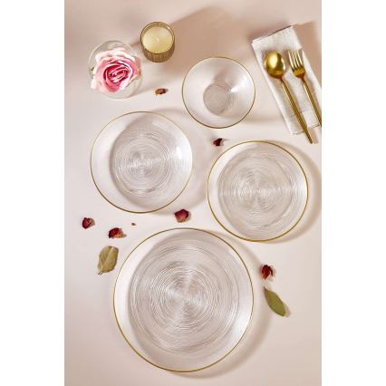 Service de table 24 pièces en verre transparent avec finition dorée
