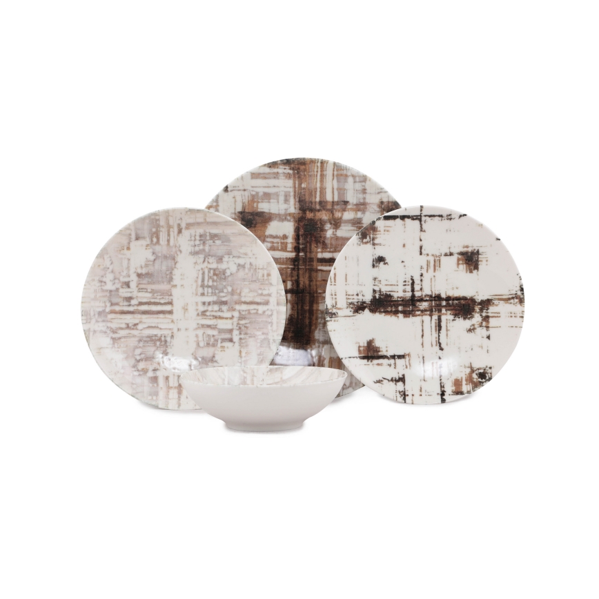 Service de table 24 pièces, marron/blanc, en porcelaine