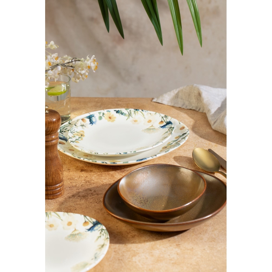 Service de table 24 pièces, multicolore/marron, en porcelaine