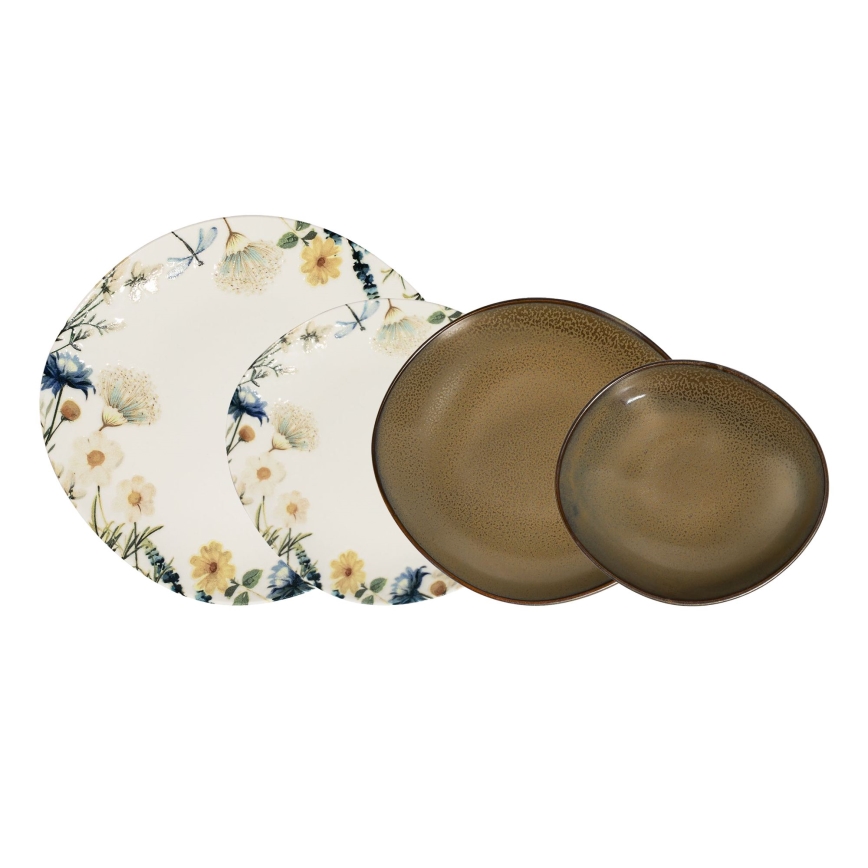 Service de table 24 pièces, multicolore/marron, en porcelaine