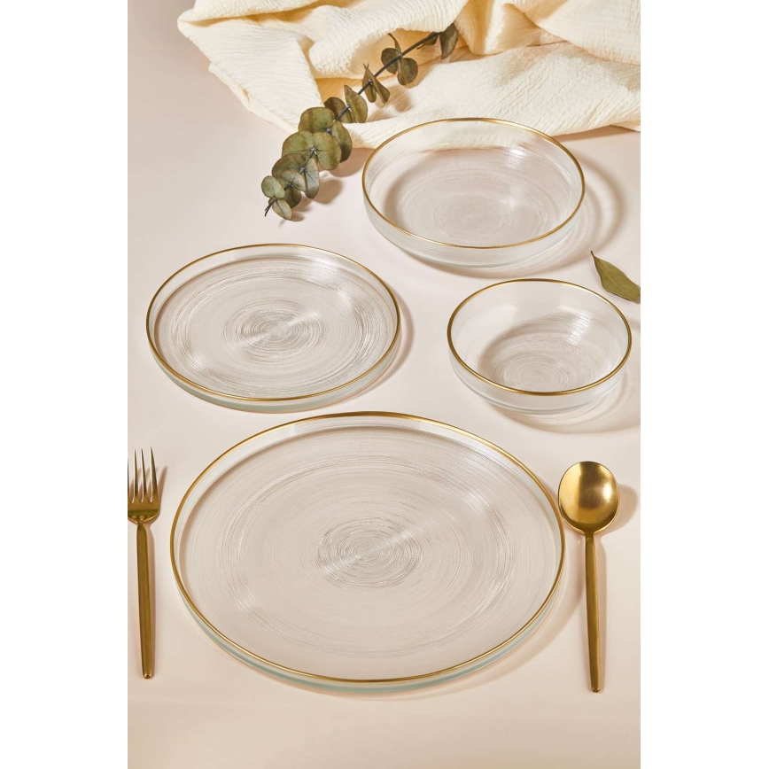 Service de table 24 pièces, verre transparent/doré
