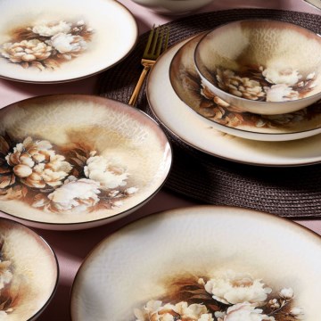 Service de table 26 pièces, beige/marron/blanc, en porcelaine