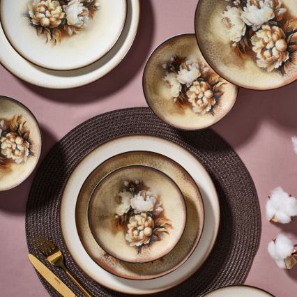 Service de table 26 pièces, beige/marron/blanc, en porcelaine