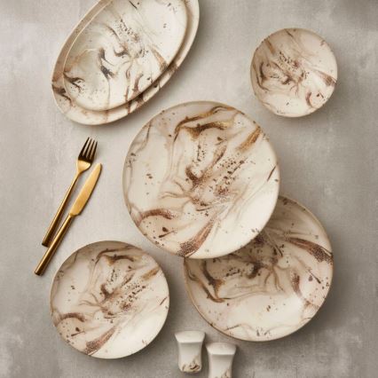 Service de table 26 pièces, beige/marron, en porcelaine