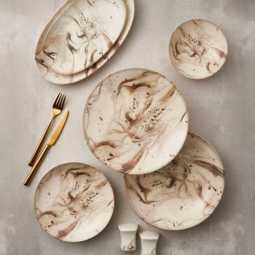 Service de table 26 pièces, beige/marron, en porcelaine