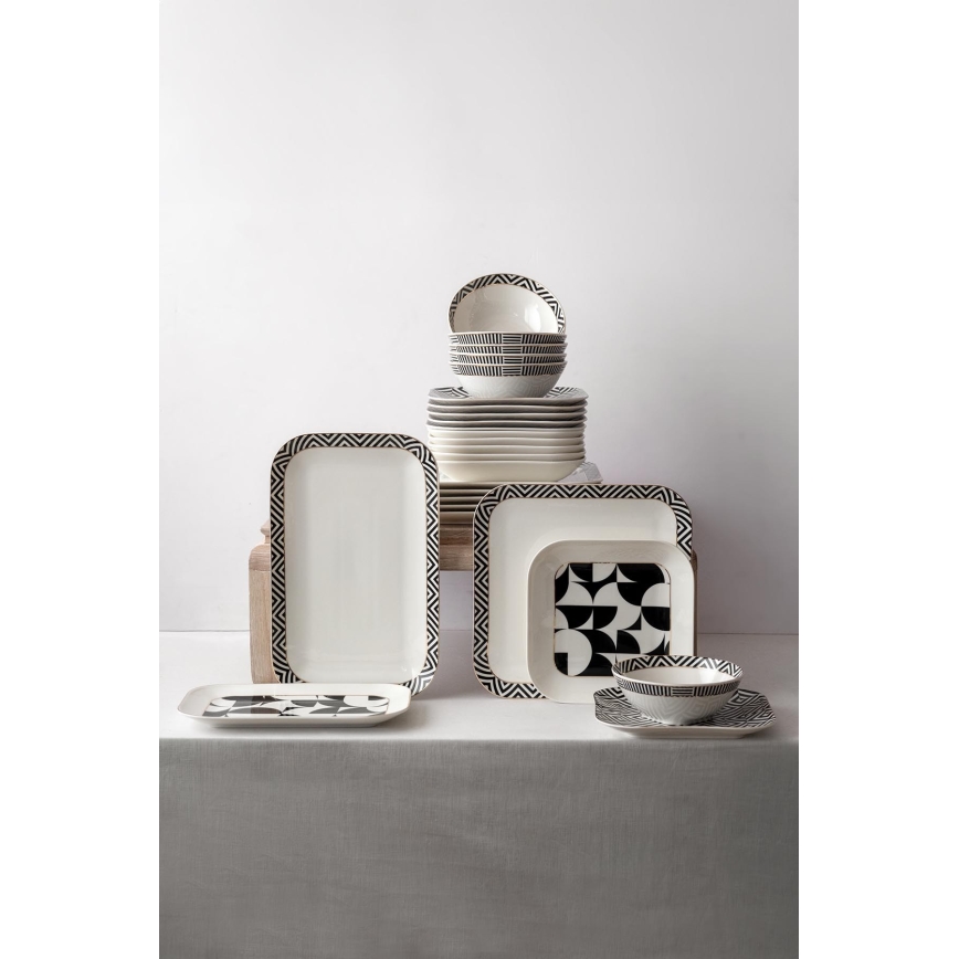 Service de table 26 pièces en porcelaine, blanc/noir