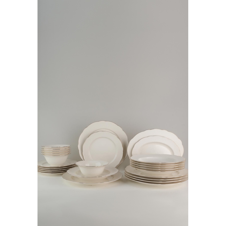Service de table 26 pièces en porcelaine — blanc, argenté et ivoire