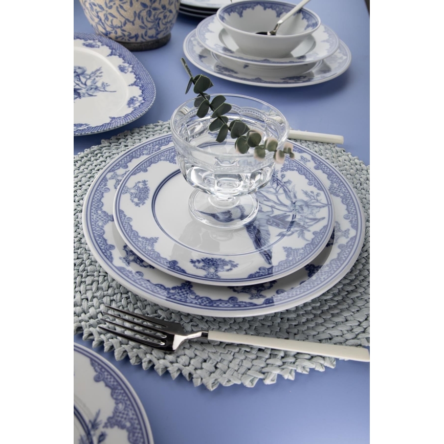 Service de table 26 pièces, porcelaine blanche et bleue