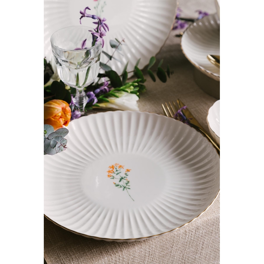 Service de table 27 pièces en porcelaine, blanc et doré