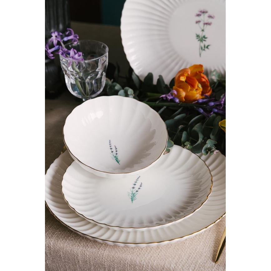 Service de table 27 pièces en porcelaine, blanc et doré