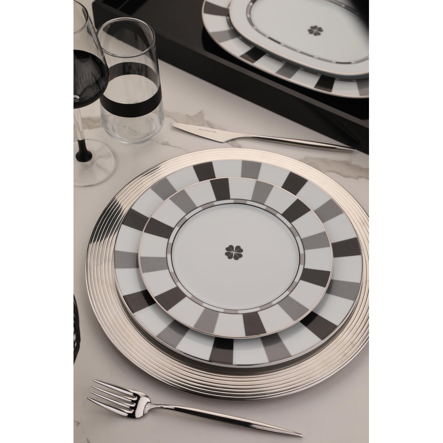 Service de table 27 pièces en porcelaine, blanc/gris