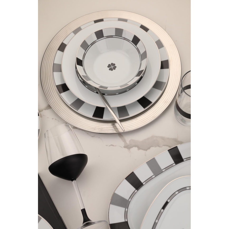 Service de table 27 pièces en porcelaine, blanc/gris