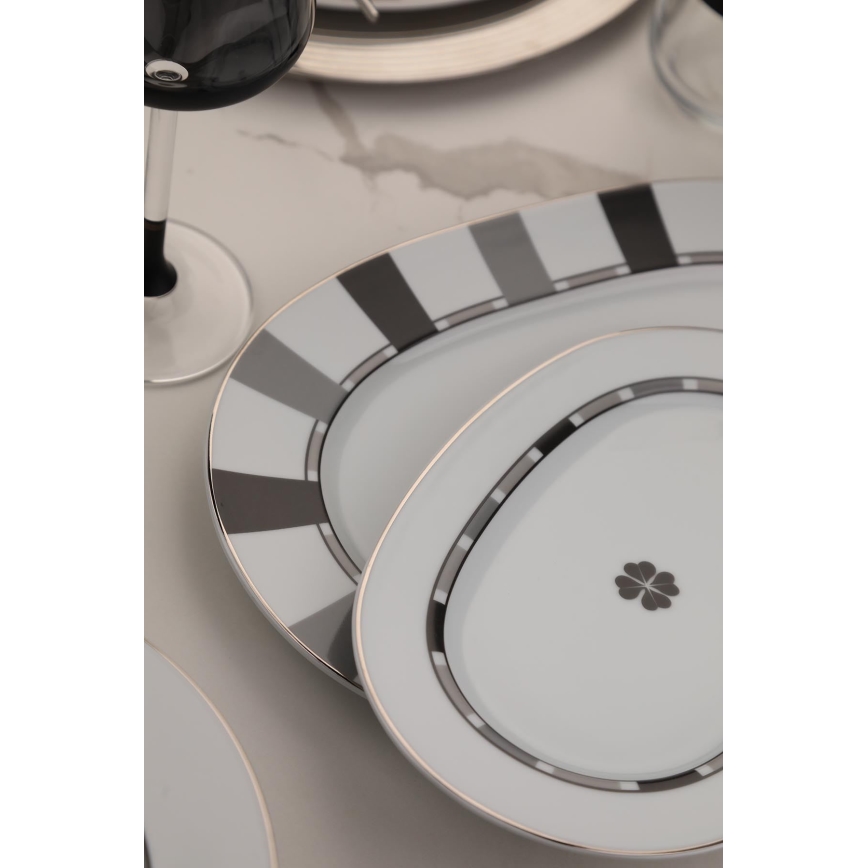 Service de table 27 pièces en porcelaine, blanc/gris