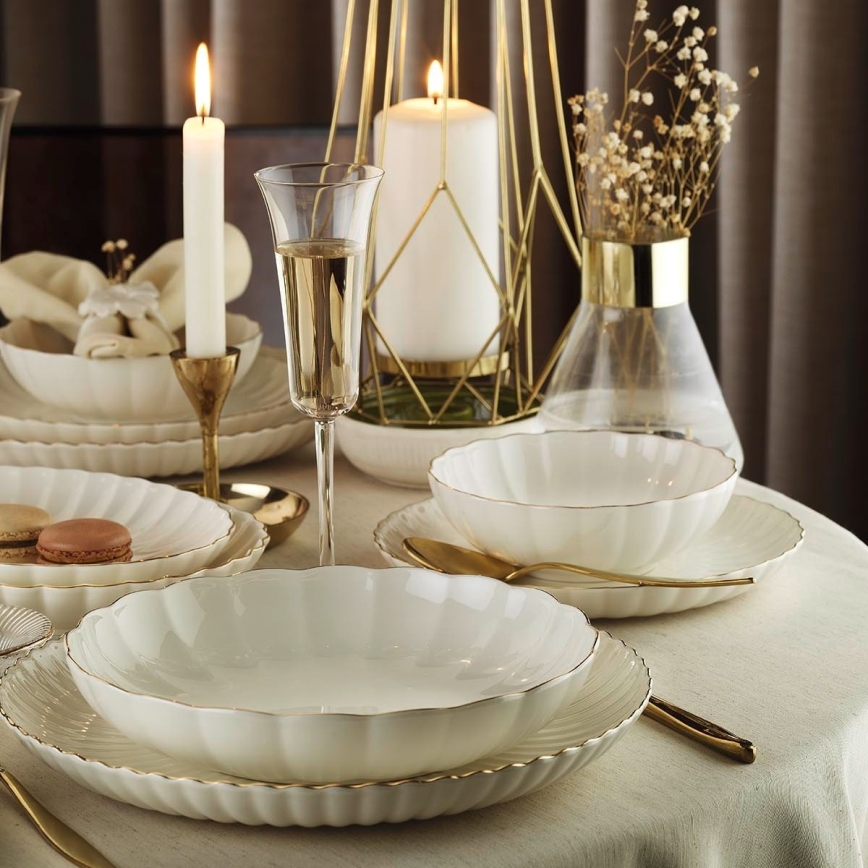 Service de table 27 pièces en porcelaine blanche et dorée