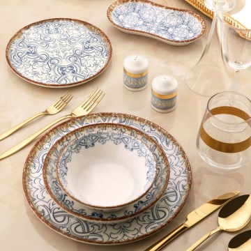 Service de table 27 pièces en porcelaine, bleu/marron
