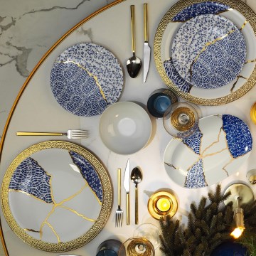 Service de table 28 pièces, blanc/doré/bleu, en porcelaine