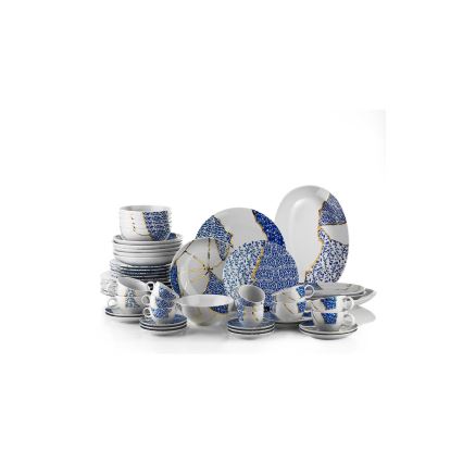 Service de table 28 pièces, blanc/doré/bleu, en porcelaine
