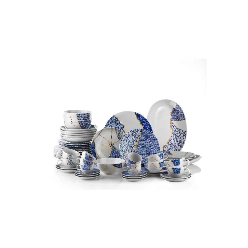 Service de table 28 pièces, blanc/doré/bleu, en porcelaine