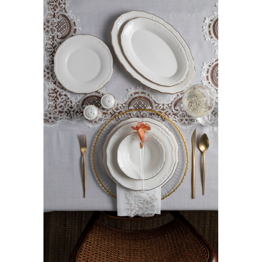 Service de table 53 pièces en porcelaine, blanc et doré