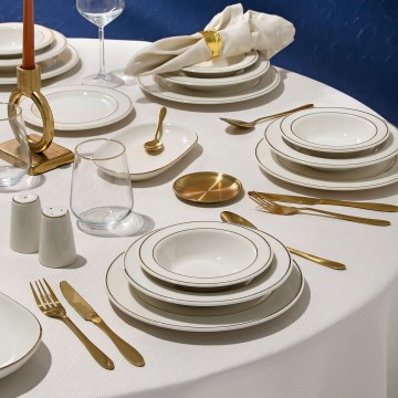 Service de table 53 pièces en porcelaine, blanc et doré