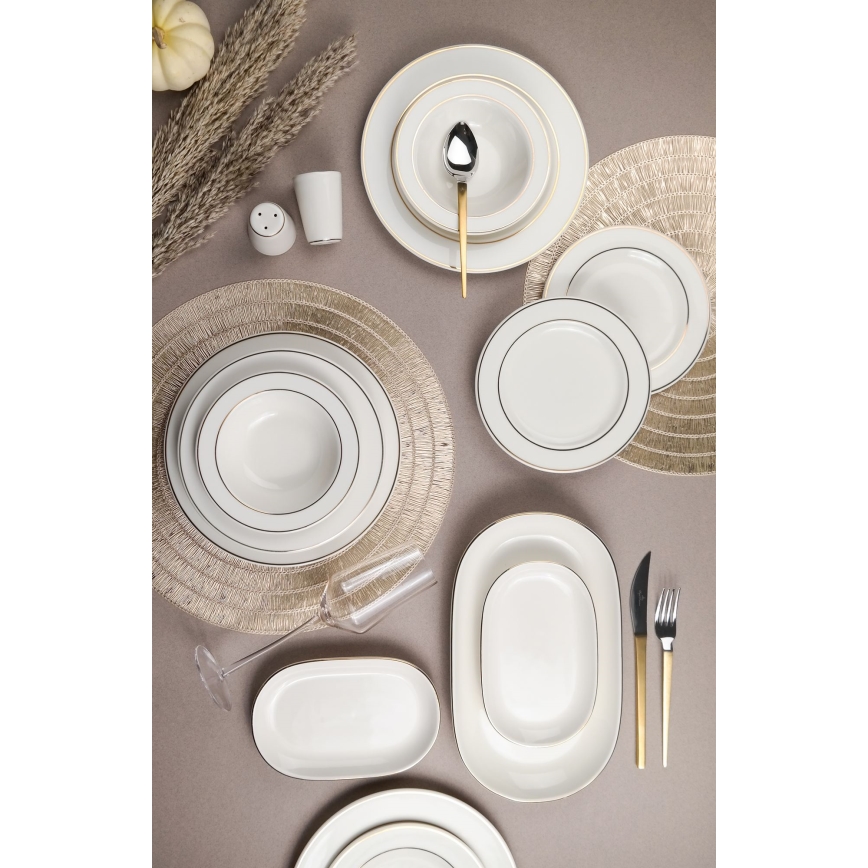 Service de table 53 pièces en porcelaine, blanc et doré