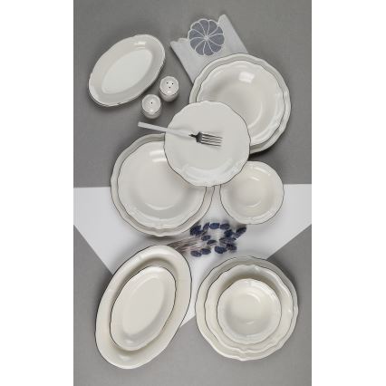 Service de table 53 pièces en porcelaine blanche, accents argentés