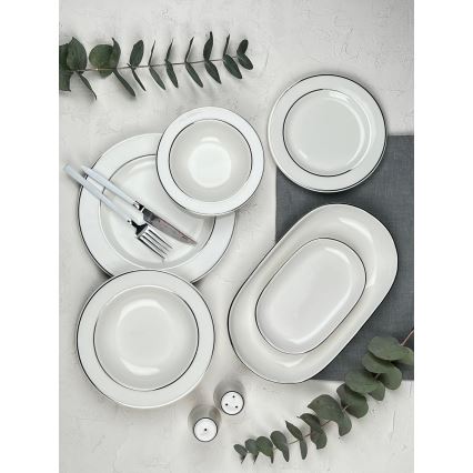 Service de table 53 pièces en porcelaine, finition crème et argentée