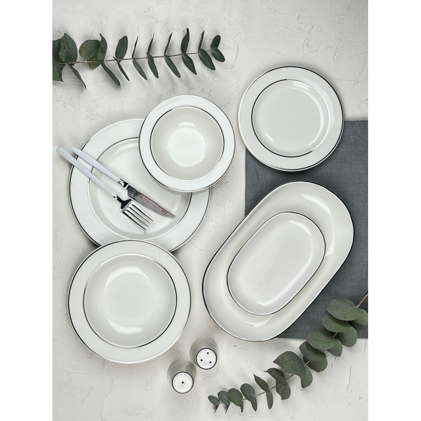 Service de table 53 pièces en porcelaine, finition crème et argentée