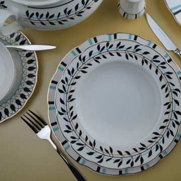 Service de table 62 pièces, porcelaine, blanc/bleu/noir