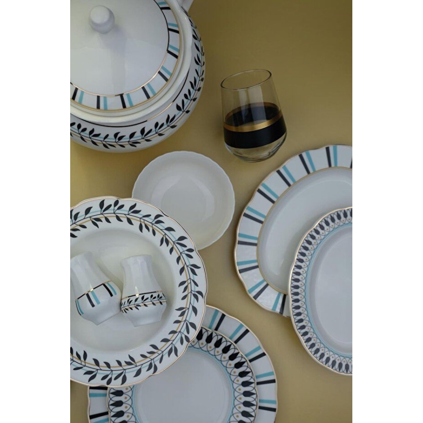 Service de table 62 pièces, porcelaine, blanc/bleu/noir