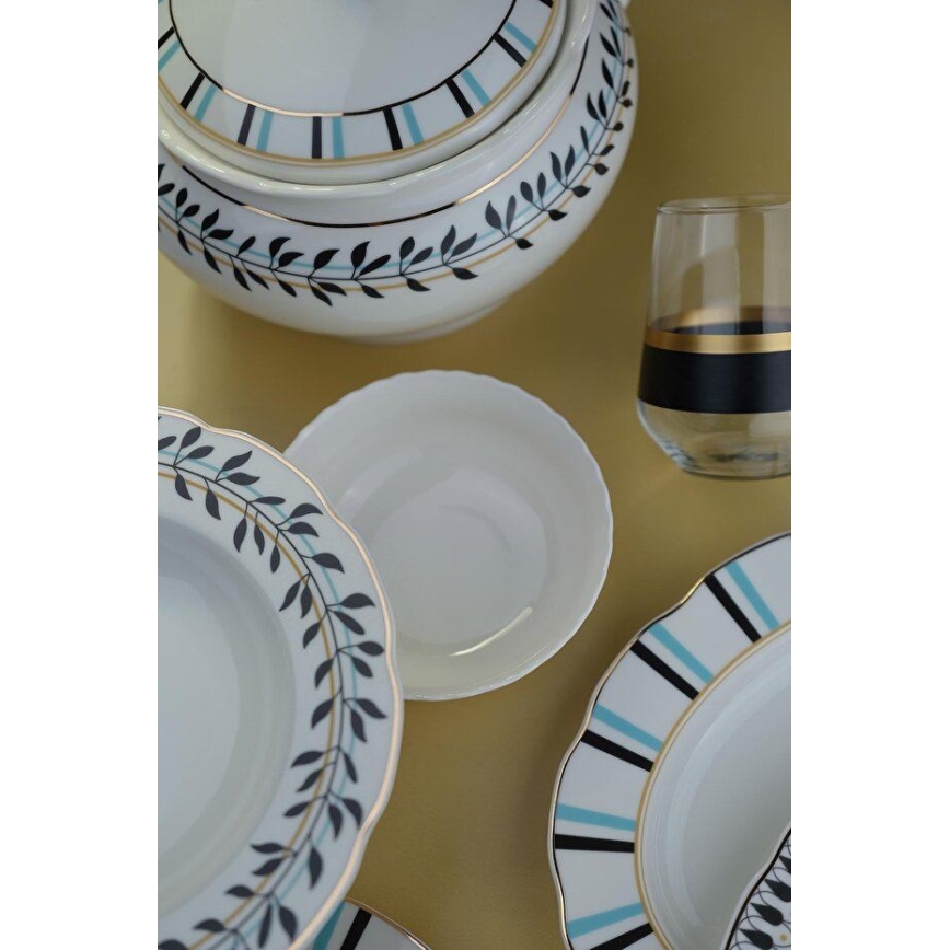 Service de table 62 pièces, porcelaine, blanc/bleu/noir