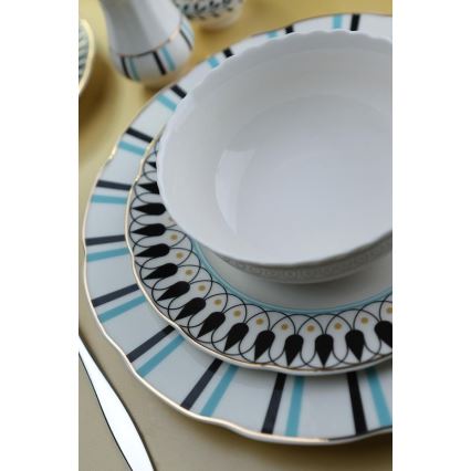 Service de table 62 pièces, porcelaine, blanc/bleu/noir